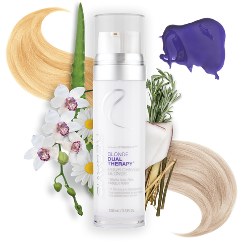 White bottle with two pumps. One pump releases orchid oil and the other pump releases violet enhanced cream. A must have product for blonde hair. It is so beautifully formulated. Perfect for blonde hair that wants to stay blonde and healthy. It tones the hair while conditioning it.