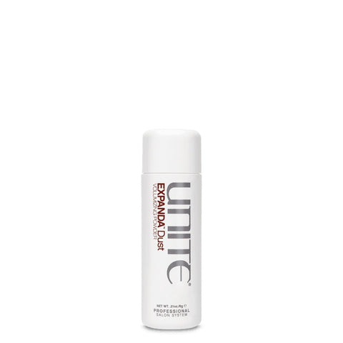 A small white bottle with the description of the product Unite expanda dust. This is a hair product that is used to create volume. Sprinkle a little expanda volume powder and watch your hair transform. Great for all hair types especially if you are looking for volume. 