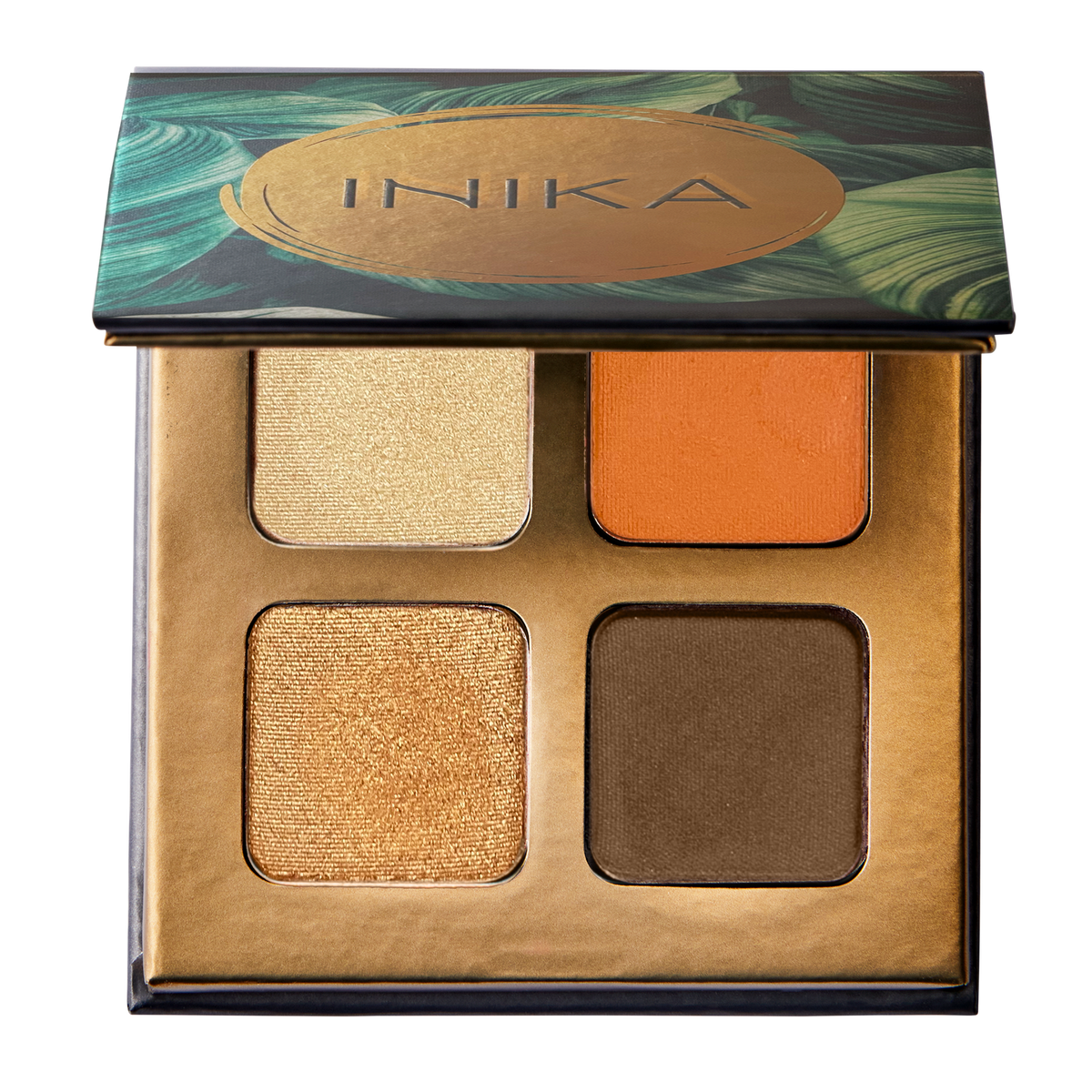 Eyeshadow quad. Contains four beautiful eyeshadow colors of light cream color, gold, brown and burnt orange.