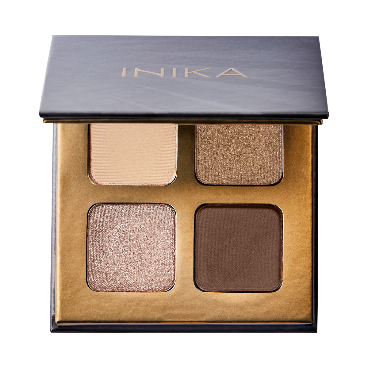 Beautiful Eyeshadow quad. There are four beautiful eyeshadow colors of matte cream color, glowy beige, khaki, and brown. 